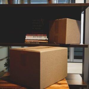 two brown boxes and DVD cases on rack